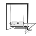 Outdoor Swing Play Equipment With Black Frame And White Seats Near Small Table