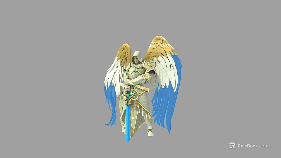 Game And Movie Character With Golden And Blue Wings In Armored Outfit Holding A Sword 3d model 