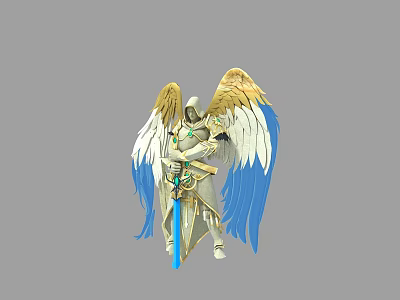 Game And Movie Character With Golden And Blue Wings In Armored Outfit Holding A Sword 3d model