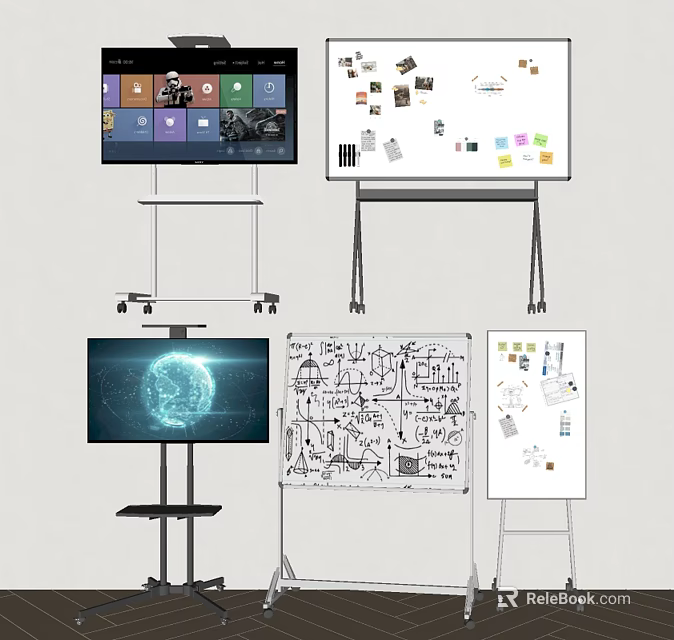 Comprehensive Display of Musical Instruments and Art Supplies with Sketches on Digital Screens and Whiteboards 3d model 