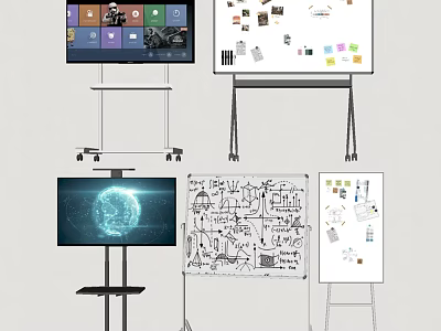 Comprehensive Display of Musical Instruments and Art Supplies with Sketches on Digital Screens and Whiteboards 3d model