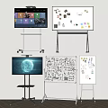 Comprehensive Display of Musical Instruments and Art Supplies with Sketches on Digital Screens and Whiteboards