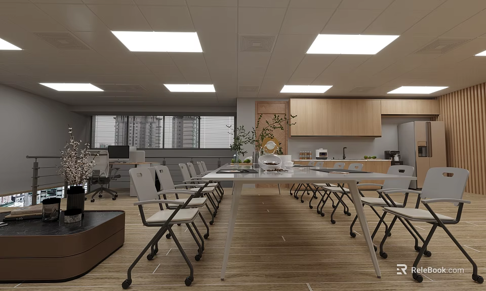 Modern Office Meeting Space With Conference Table Folding Chairs Ceiling Lights And Wooden Cabinets 3d model 