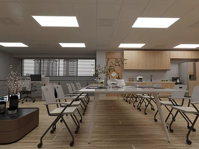 Modern Office Meeting Space With Conference Table Folding Chairs Ceiling Lights And Wooden Cabinets 3d model