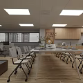 Modern Office Meeting Space With Conference Table Folding Chairs Ceiling Lights And Wooden Cabinets