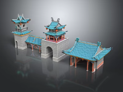 Traditional Chinese Entrance Gate with Classic Towers Blue Roofs and Gray Walls 3d model