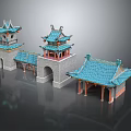Traditional Chinese Entrance Gate with Classic Towers Blue Roofs and Gray Walls