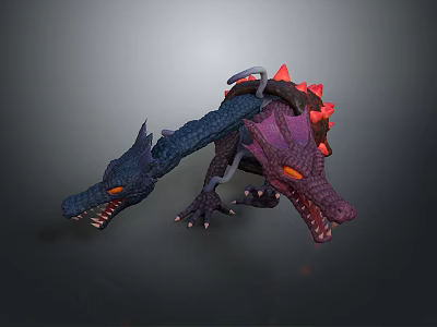 Two Headed Dragon Game Movie Character With Blue And Purple Spikes Glowing Eyes Sharp Teeth 3d model