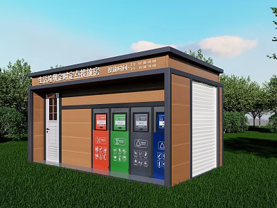 Outdoor Waste Sorting Collection House Featuring Colorful Trash Bins Green Grass And Trees 3d model