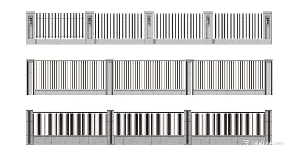 Modern Building Exterior Wall Fence Design With Vertical Metal Slats And Support Posts 3d model 
