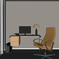 Modern Wooden Desk with Computer Monitor Table Lamp Speaker and Brown Chair