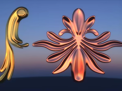 Golden Human Figure And Orange Floral Carvings Against Blue Orange Gradient Sky 3d model