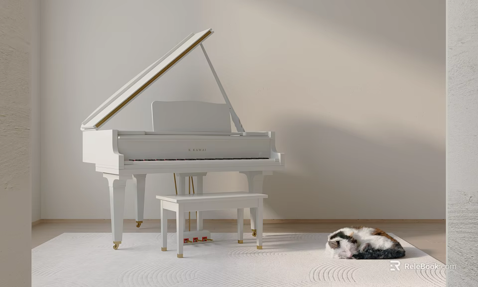 Elegant White Grand Piano with Art Supplies in Cozy Room and Cute Cat on Carpet 3d model 
