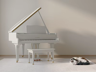 Elegant White Grand Piano with Art Supplies in Cozy Room and Cute Cat on Carpet 3d model