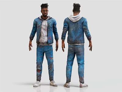 Man in Blue Denim Outfit With Distressed Details White Hoodie and White Sneakers Two Views 3d model