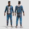 Man in Blue Denim Outfit With Distressed Details White Hoodie and White Sneakers Two Views