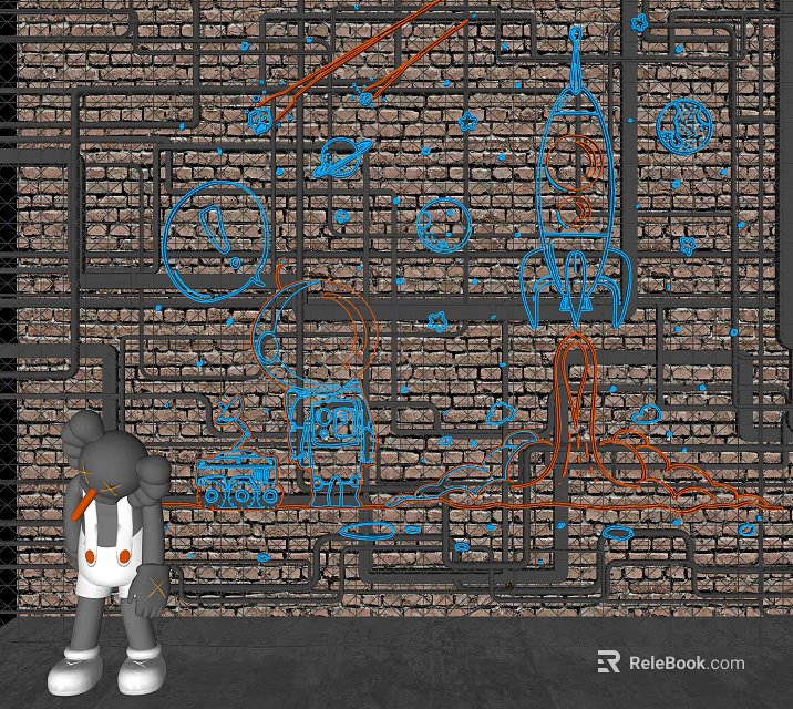 Blue And Orange Decorative Lights On Brick Wall With Artistic Patterns 3d model 
