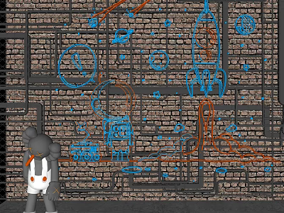 Blue And Orange Decorative Lights On Brick Wall With Artistic Patterns 3d model