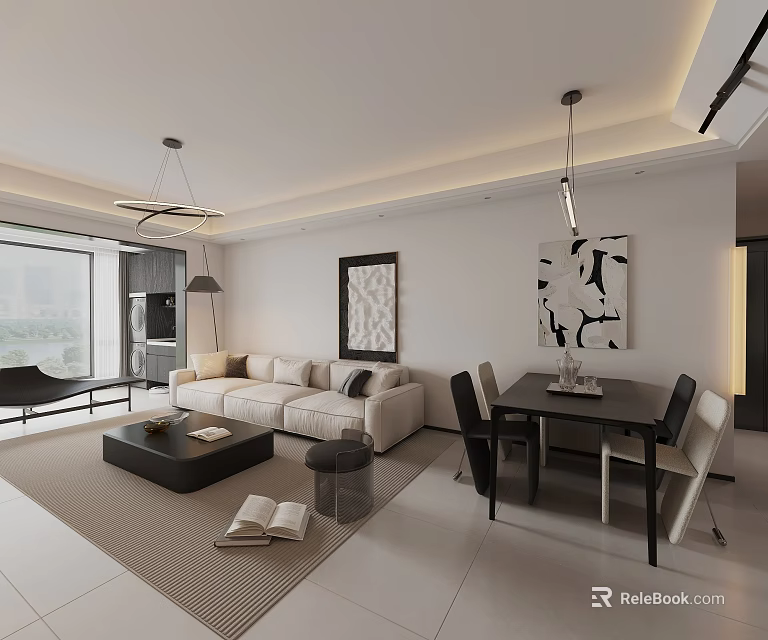 Modern Living Dining Room Interior With Beige Sofa Black Chairs And Artwork 3d model 