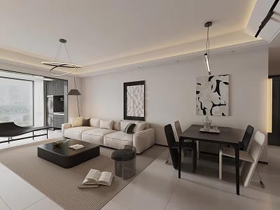 Modern Living Dining Room Interior With Beige Sofa Black Chairs And Artwork 3d model