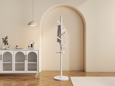 Modern Interior With Coat Rack Display Cabinet And Pendant Light 3d model