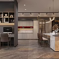 Modern Showroom Interior With Marble Countertop Brown Chairs Colorful Panels And Track Lighting