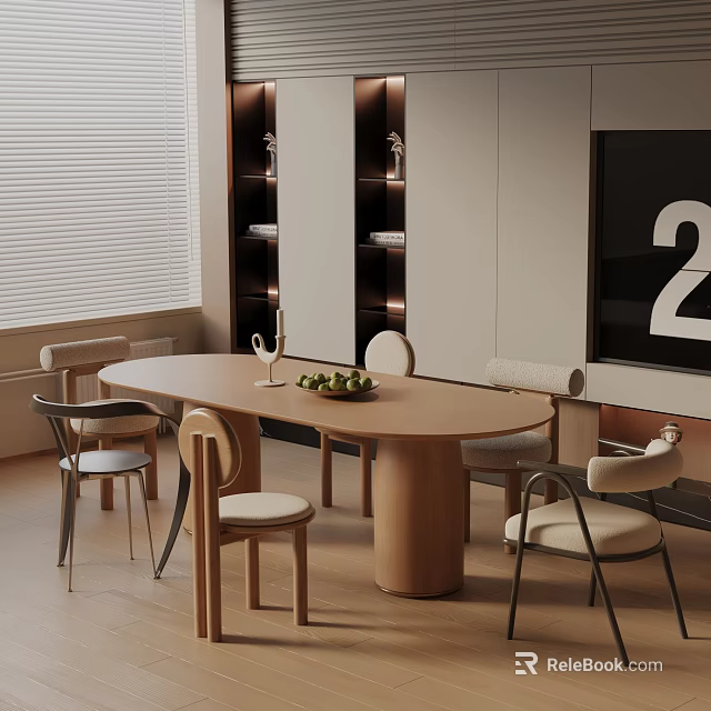 Oval Wooden Dining Table Set With Upholstered Chairs Fruit Bowl Wine Glass And Decorative Blinds 3d model 