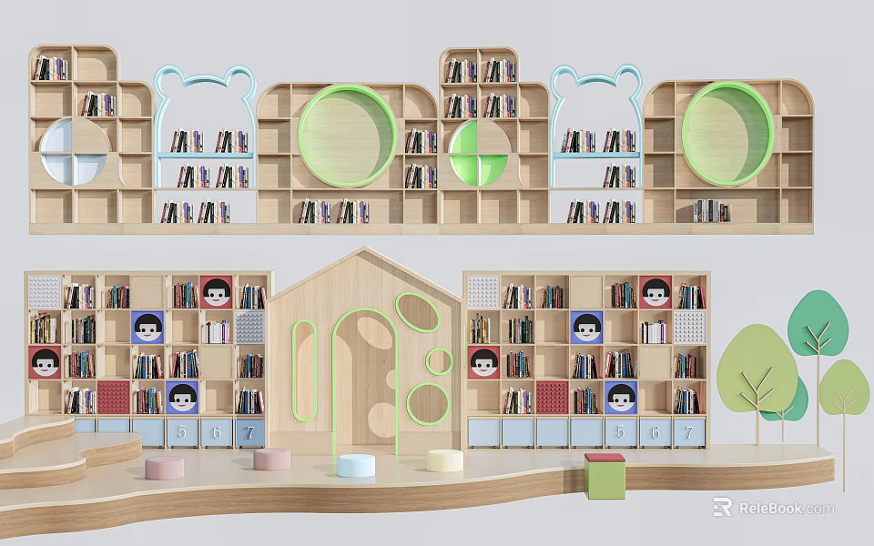 Wooden Display Shelves Featuring Cartoon Bear Ears And Green Round Cutouts In Kids Activity Room 3d model 
