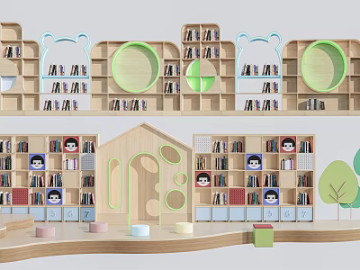 Wooden Display Shelves Featuring Cartoon Bear Ears And Green Round Cutouts In Kids Activity Room 3d model