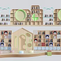 Wooden Display Shelves Featuring Cartoon Bear Ears And Green Round Cutouts In Kids Activity Room