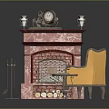 Pink Marble Fireplace With Vases Clock Floor Lamp Yellow Armchair And Small Round Table