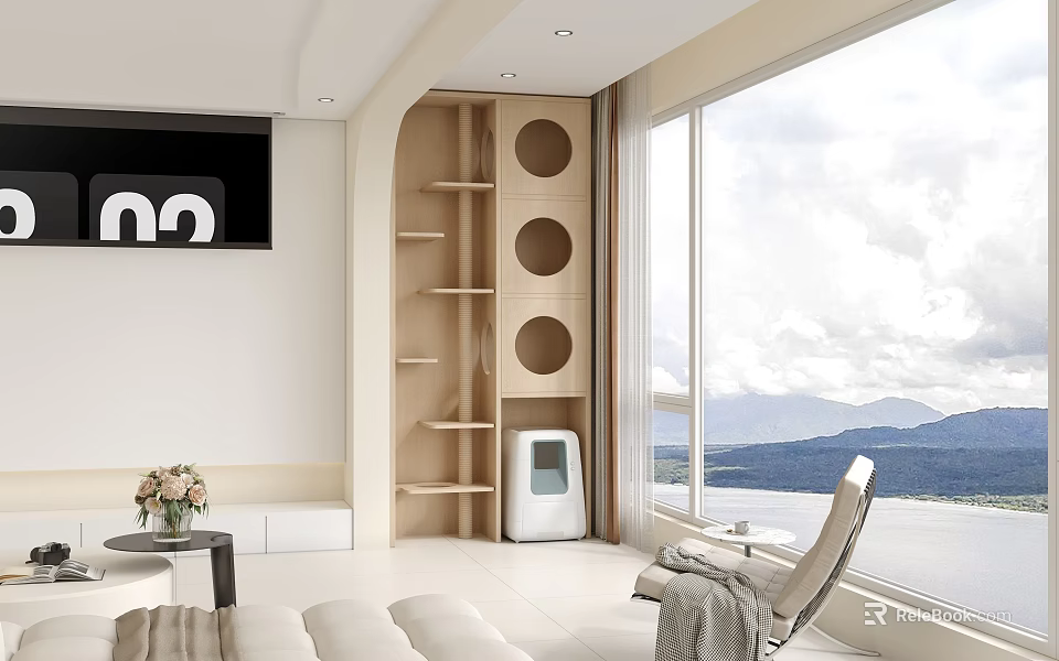 Modern Living Room Interior With Floor to Ceiling Windows Mountain View Round Shelves and Sofa 3d model 