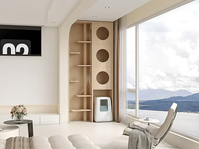 Modern Living Room Interior With Floor to Ceiling Windows Mountain View Round Shelves and Sofa 3d model