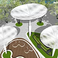 Garden Landscape Design With White Mesh Canopies Trees Lawn And Wooden Paths