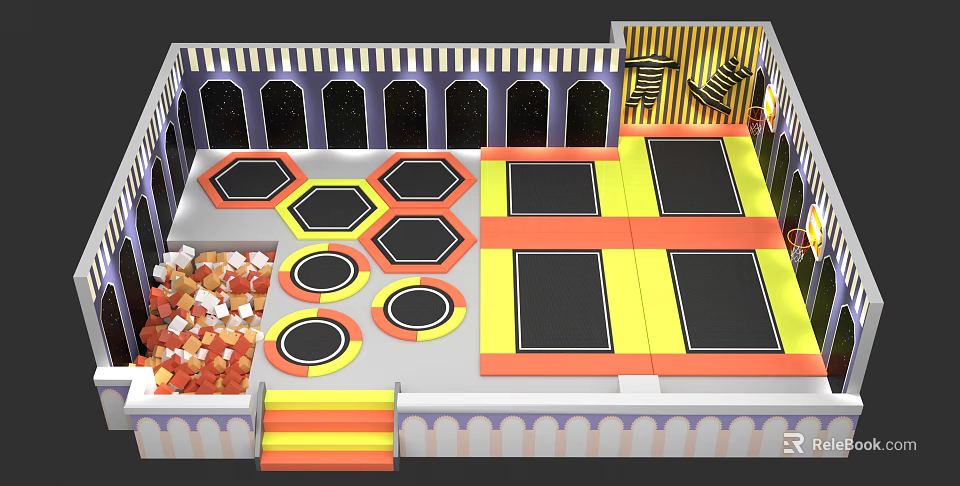 Indoor Trampoline Playground With Hexagonal Circular Mats Yellow Black Sections And Foam Pit 3d model 