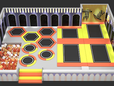 Indoor Trampoline Playground With Hexagonal Circular Mats Yellow Black Sections And Foam Pit 3d model