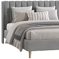 Modern Upholstered Double Bed Design With Striped Pillows Throw Blanket And Wooden Legs
