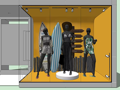 Stylish Store Window Display With Mannequins In Swimwear And Surfboards On Yellow Background 3d model