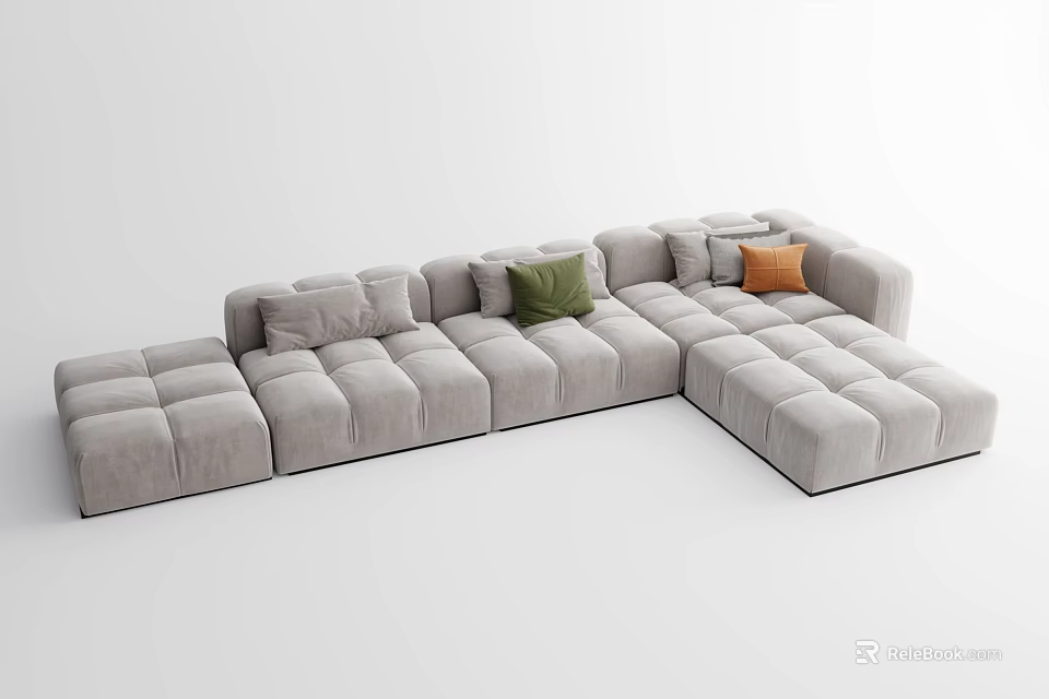 Gray Sectional Sofa with Soft Cushions and Green Orange Decorative Pillows 3d model 