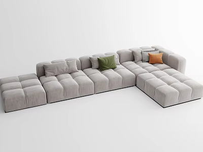 Gray Sectional Sofa with Soft Cushions and Green Orange Decorative Pillows 3d model