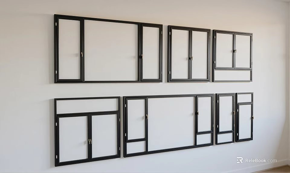 Stylish Black Framed Casement Windows With Various Sizes And Designs Wall 3d model 