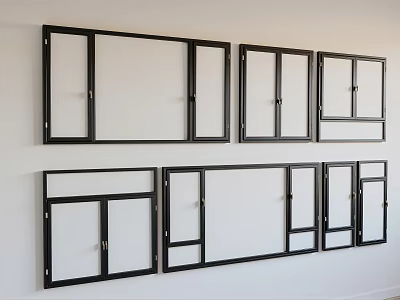 Stylish Black Framed Casement Windows With Various Sizes And Designs Wall 3d model