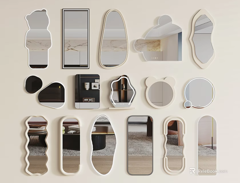 A Collection Of Modern Mirrors In Different Shapes On Wall 3d model 