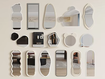 A Collection Of Modern Mirrors In Different Shapes On Wall 3d model