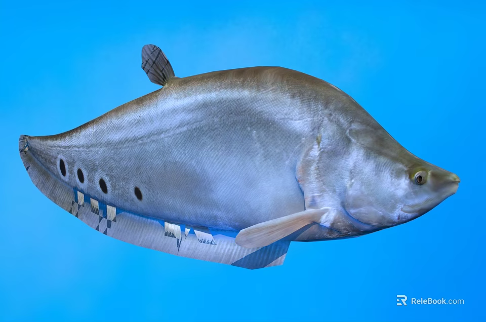 Silver Gray Fish With Dorsal Fin And Black Spots On The Side In Blue Background 3d model 