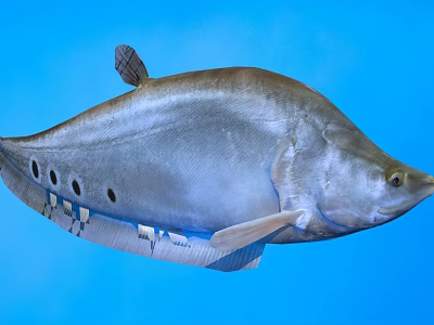 Silver Gray Fish With Dorsal Fin And Black Spots On The Side In Blue Background 3d model