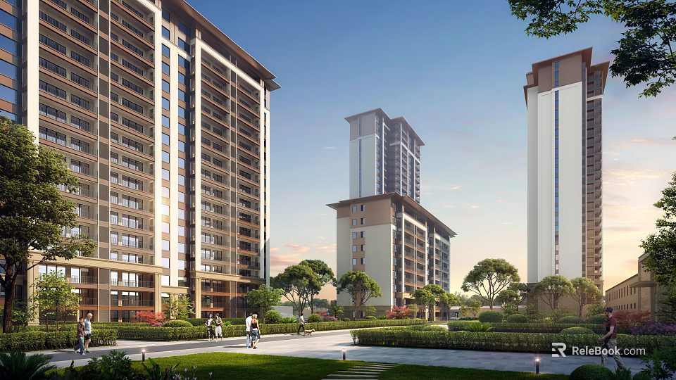 Modern High Rise Residential Buildings With Lush Greenery Paved Walkway And People Walking 3d model 