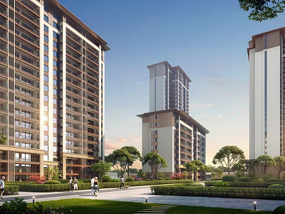 Modern High Rise Residential Buildings With Lush Greenery Paved Walkway And People Walking 3d model