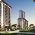 Modern High Rise Residential Buildings With Lush Greenery Paved Walkway And People Walking
