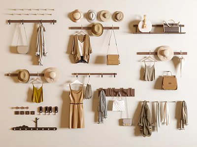 Practical Wall Hooks Organizing Hats Bags Clothes On Beige Home Wall 3d model